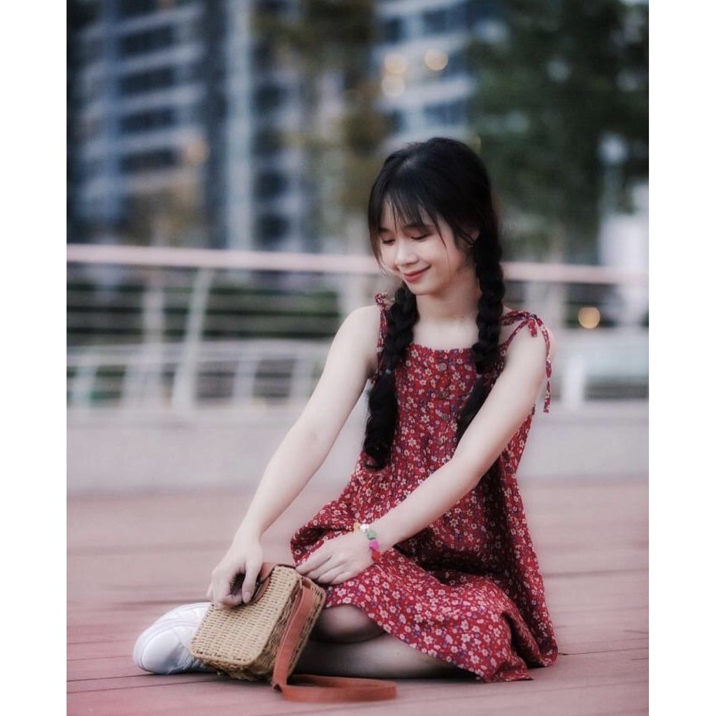 Váy hai dây hoa nhí vintage 2 màu đen, đỏ mix họa tiết hoa nhỏ cực xinh