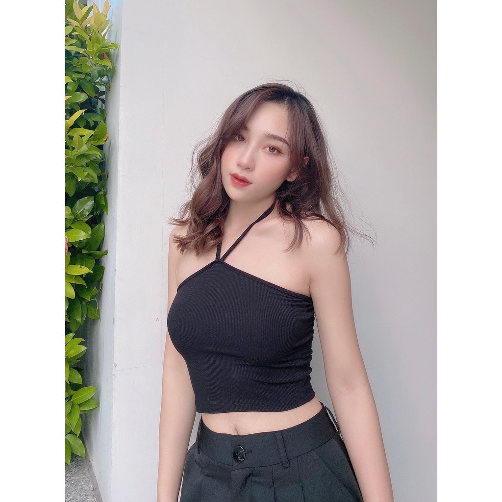 Áo Croptop Nữ Cổ Yếm Cột Dây Hoa Nhí FreesizeThun Gân LA BOUTIQUE LA11