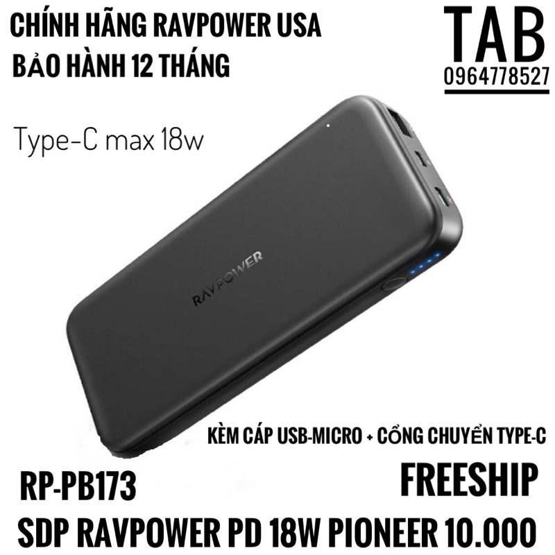 Sạc Dự Phòng RavPower 10.000 PD 18W Pioneer 2 Cổng (RP-PB173)