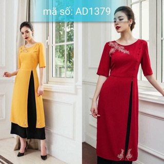 Set Áo Dài Cách Tân xẻ tà 1 bên đính hoa kèm quần có Bigsize 2XL AD1379