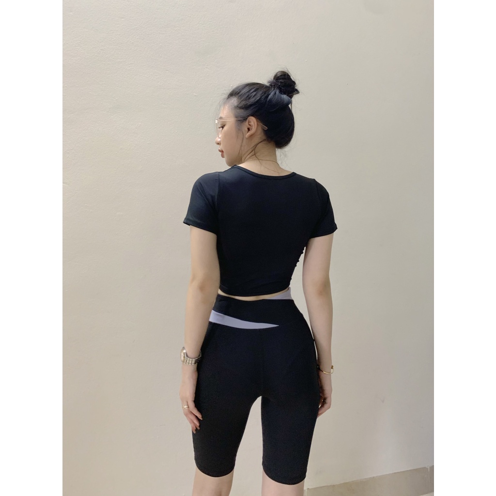 Bộ quần áo tập gym yoga nữ áo phối màu kèm mút ngực quần ngố cạp chéo đồ tập gym yoga nữ))