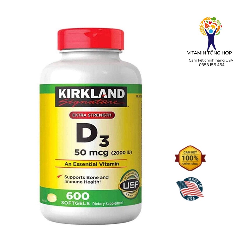 Viên uống vitamin D tổng hợp, giúp tăng cường sức khỏe, phòng ngừa bệnh tật Kirkland Signature Extra Strength Vitamin D3