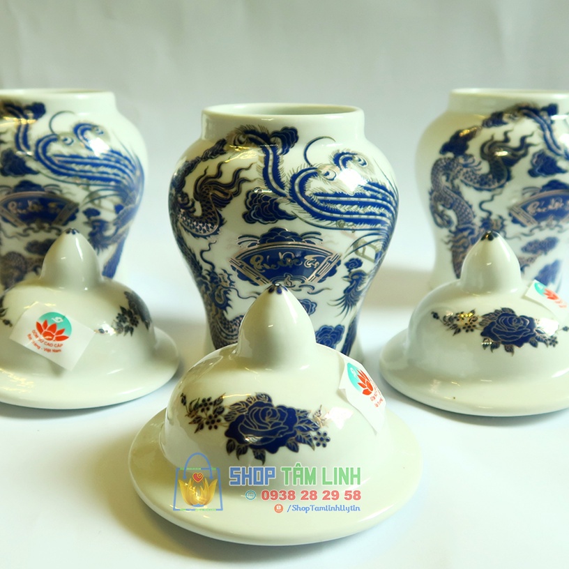 Choé thờ cúng / hũ đựng nước gạo muối vẽ vàng đồ thờ cúng gốm sứ Bát Tràng men xanh kim Shoptamlinh