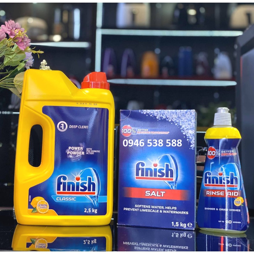 Combo Bột rửa bát Finish 2.5kg + Muối rửa bát Finish 1.5kg + Nước làm bóng finish 400ml ( Bột rửa chén finish bột ly)