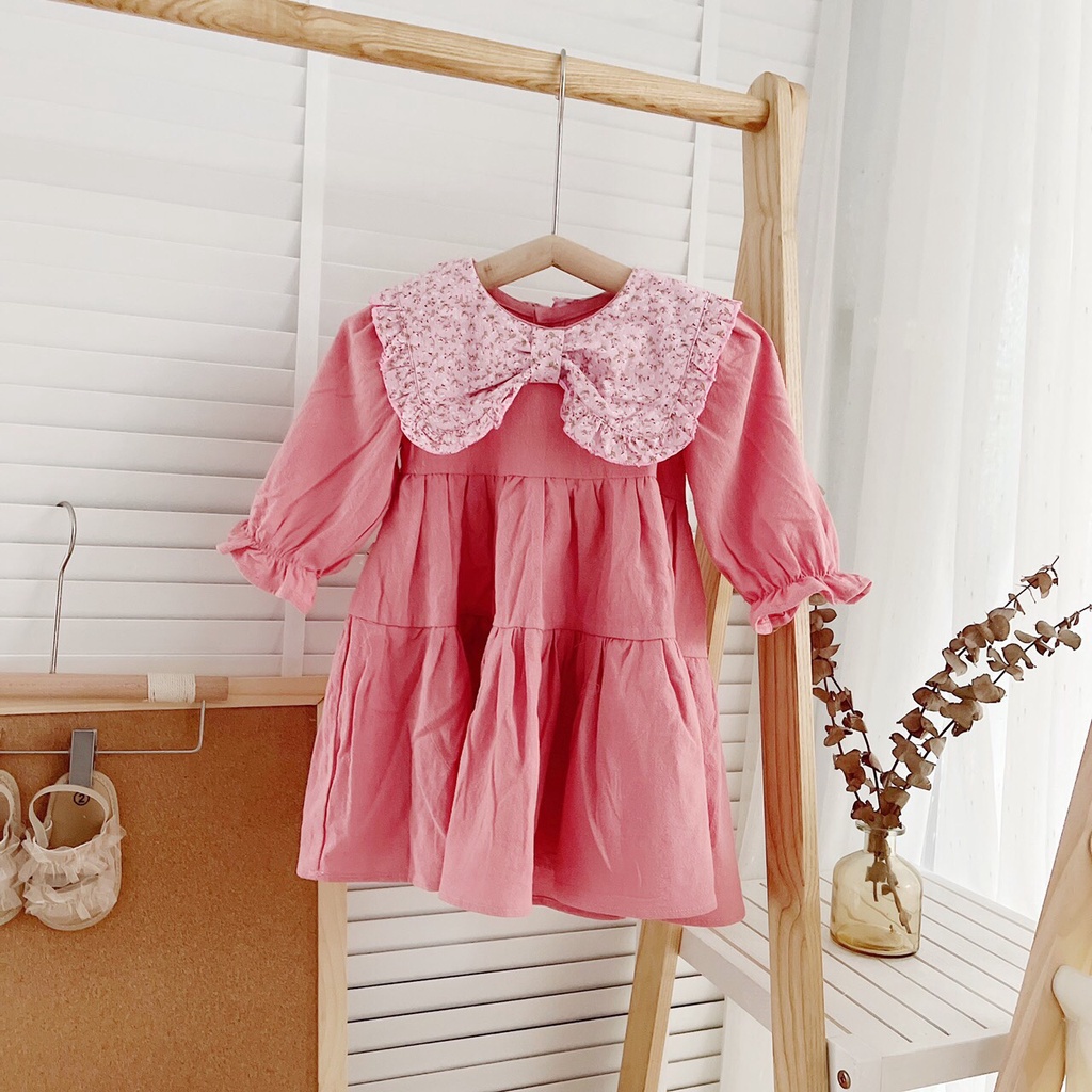 Váy thu dài tay chất thô mỏng màu trơn, cổ thắt nơ cho bé gái 1-5 tuổi