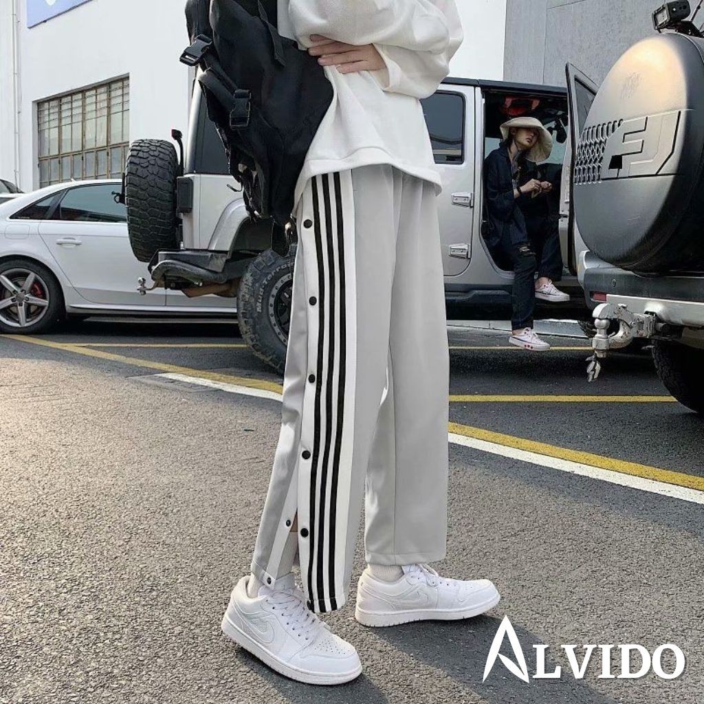 [ẢNH THẬT CUỐI]Quần ống rộng nam CÚC POLY unisex ALVIDO phối ba sọc-khuy nút thun dáng suông cao cấp bigsize thu đông | BigBuy360 - bigbuy360.vn