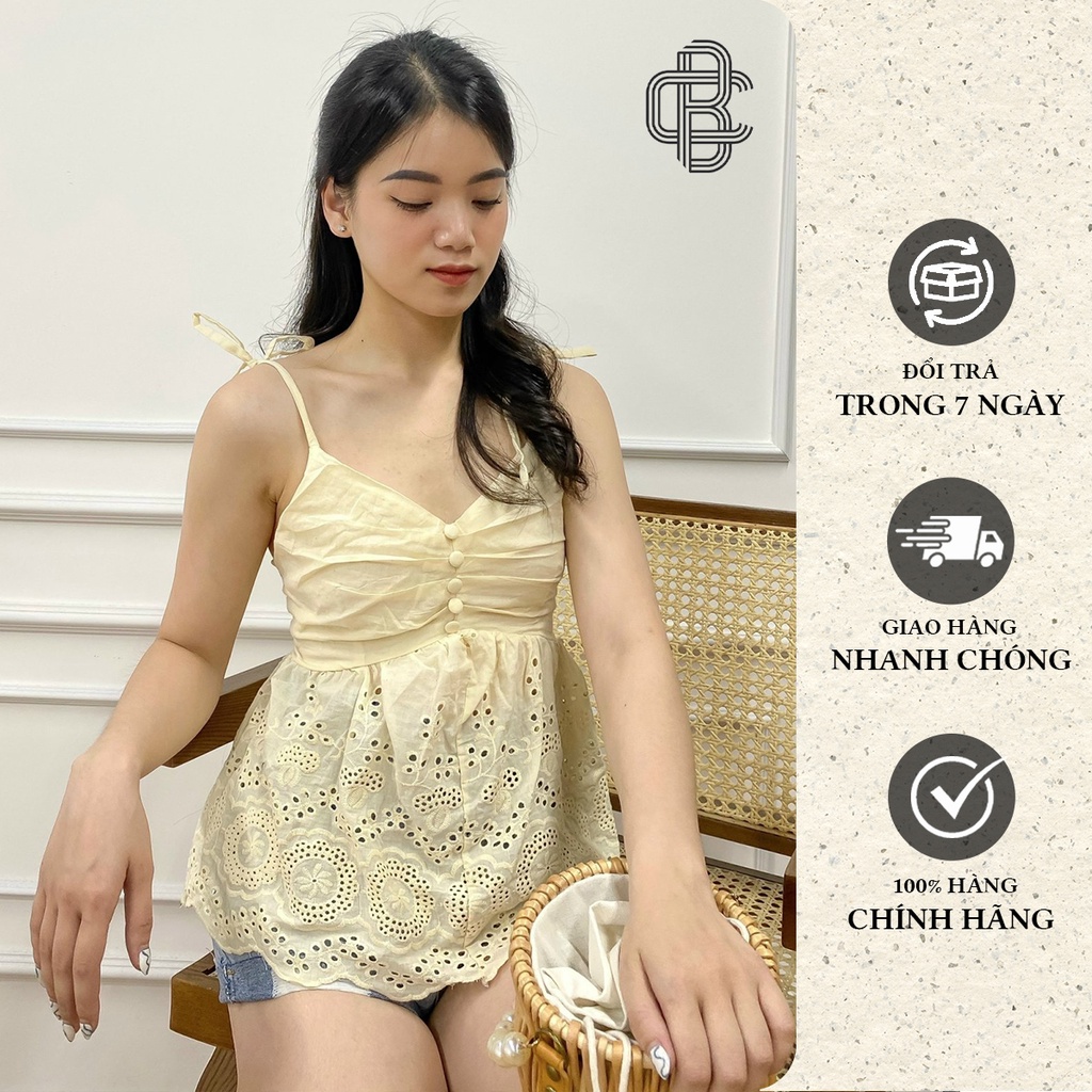 Áo hai dây cổ chữ V buộc nơ bèo ngực vải thô - La’coba