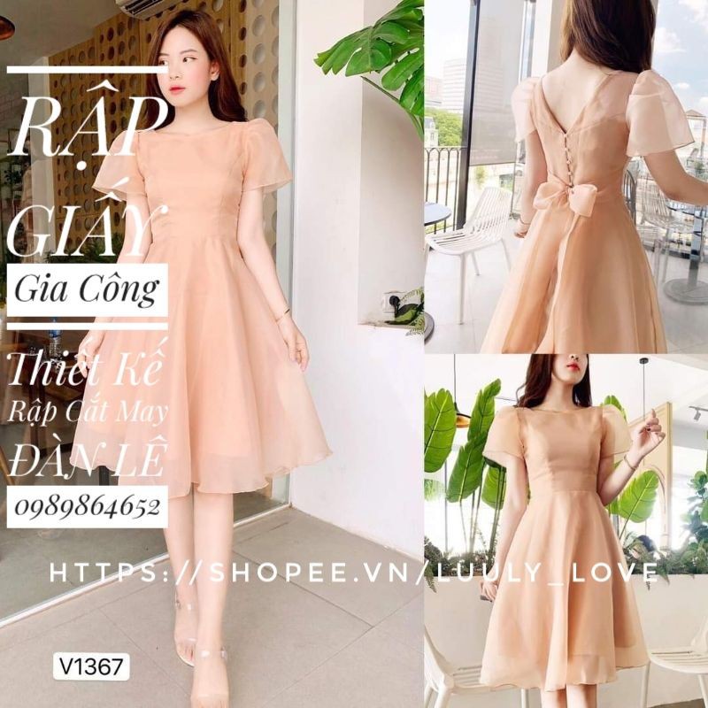 V1367 Rập giấy đầm xòe lưng nơ công chúa(xs-xxxl)