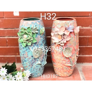 Lọ hoa sứ Bát Tràng cao22cm, 32cm, ĐK miệng 9cm, men hỏa biến, hoa đắp nổi