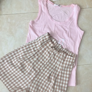 Set bộ áo hồng quần caro