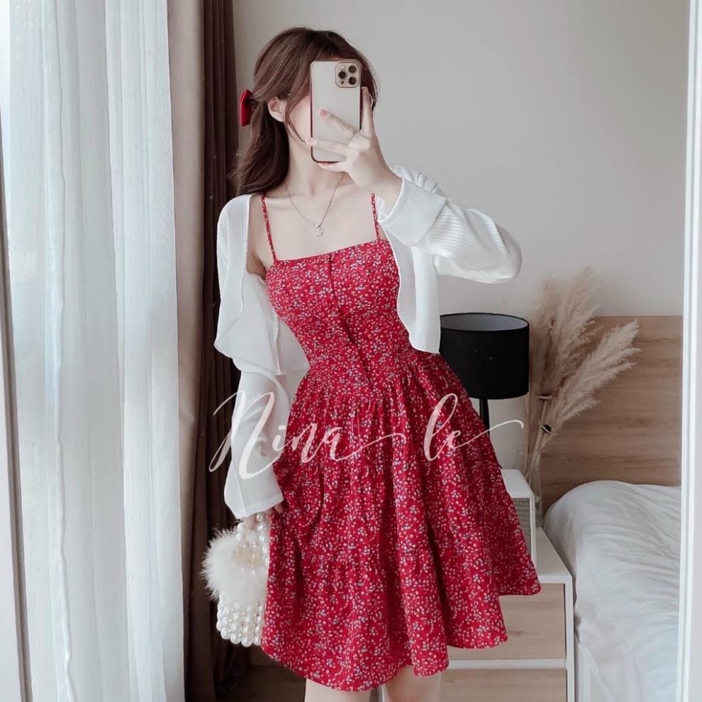 Set Đầm Hai Dây Hoa Nhí Màu Đỏ Xếp Tầng Kèm Áo Khoác Dài Tay Nữ Tính Siêu Xinh Thời Trang Nữ Xm Minh Phúc