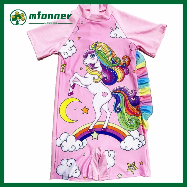 Bộ Đồ Bơi 2 Món Ngắn Tay Họa Tiết Kỳ Lân Hoạt Hình Cho Bé Gái