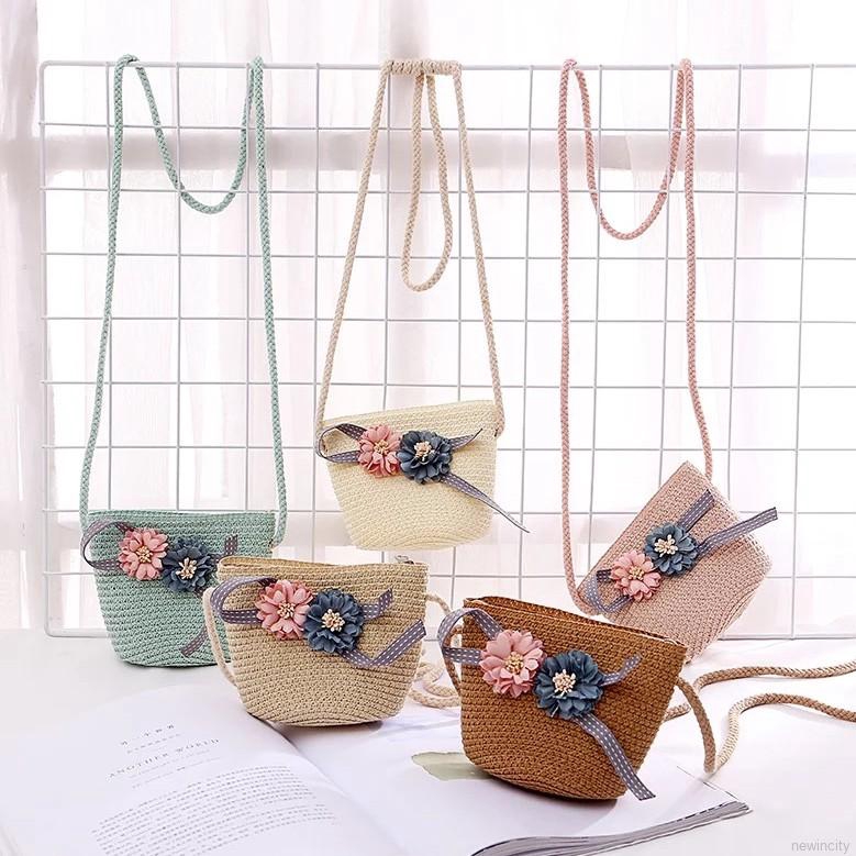 Túi rơm đeo vai đính hoa và dây ruy băng nhiều màu sắc phong cách Hàn Quốc cho bé gái