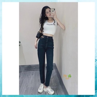 Quần jeans nữ, quần bò dáng baggy trơn, lưng cao phối tag dây xích. Mã D5170