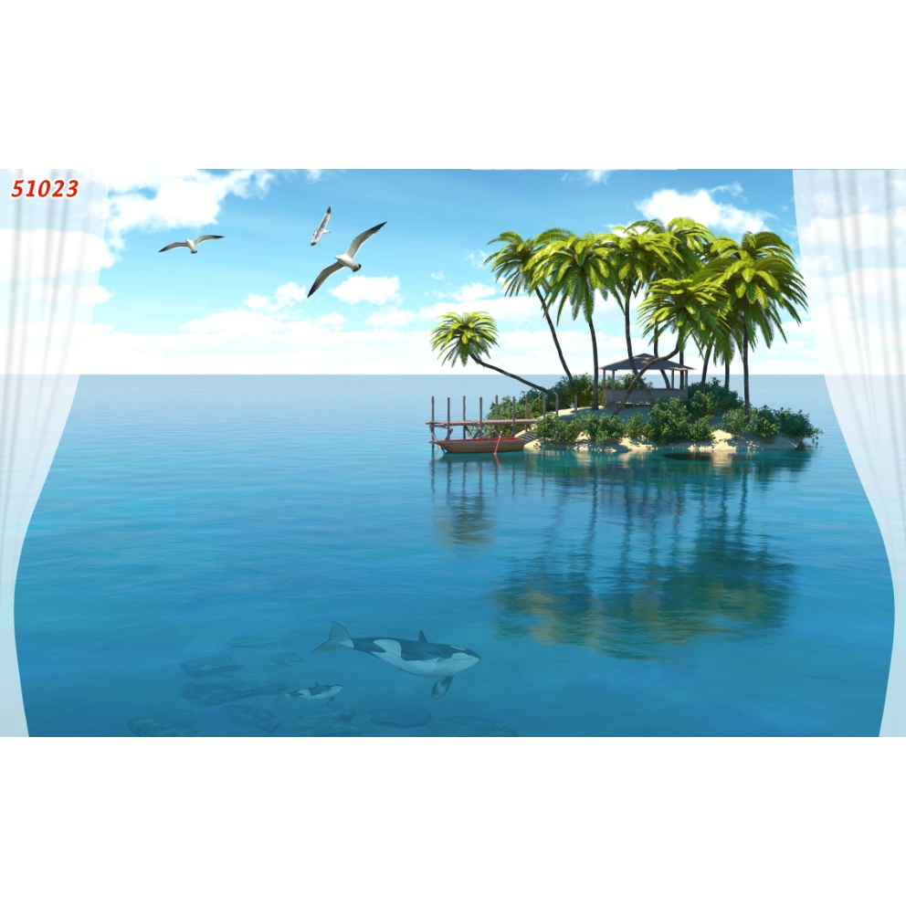 Tranh dán tường 3d phòng khách phong cảnh biển chất liệu PP keo dán sẵn