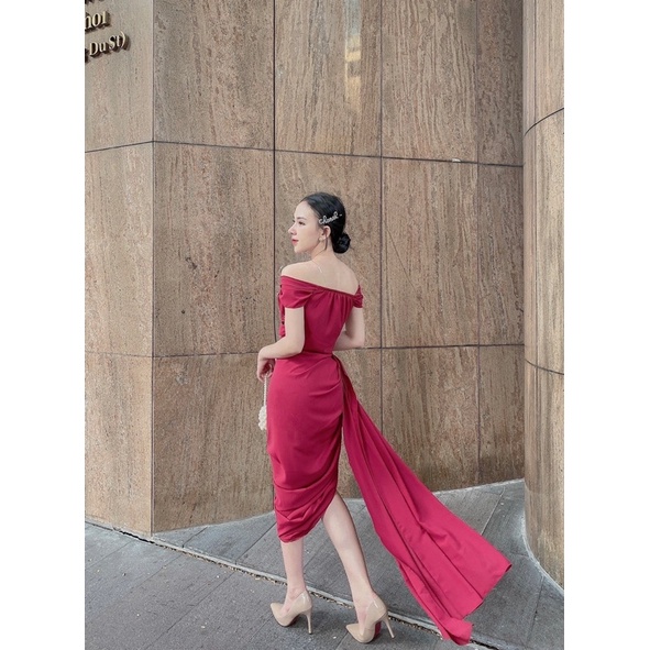 Đầm body bèo nhún bẹt vai tà
