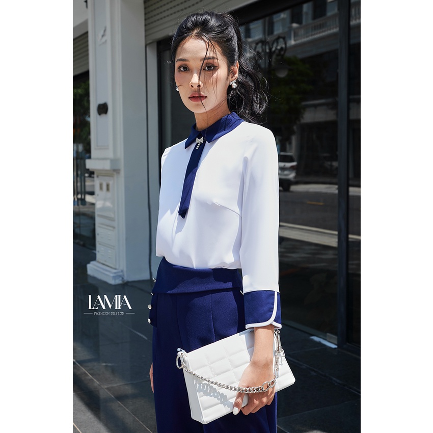 Áo sơ mi nữ Lamia Design LA311 lụa Hàn Quốc màu trắng phối xanh than đính cúc top kim loại sang trọng