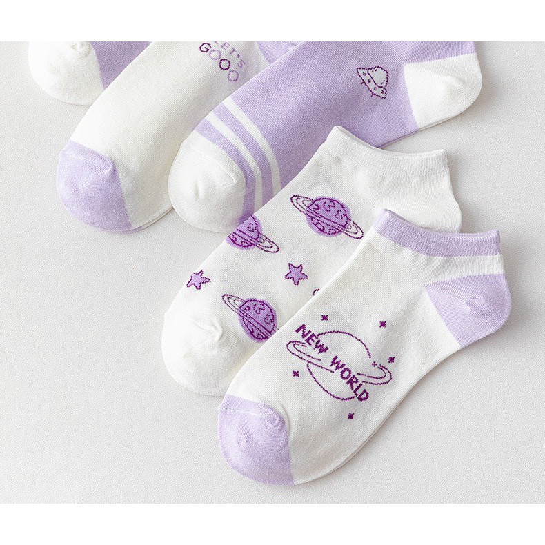 Vớ nữ cổ thấp, tất nữ họa tiết cute màu tím trắng chất liệu cotton co dãn 4 chiều phong cách Hàn Quốc
