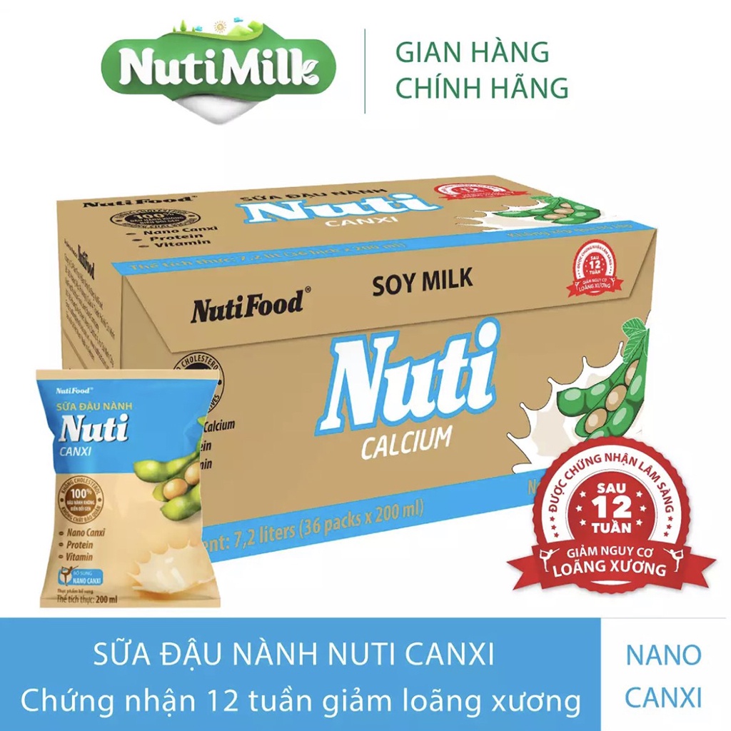 1 Thùng Sữa Đậu Nành Nuti Canxi Thùng 36 Bịch 200ml PKPH