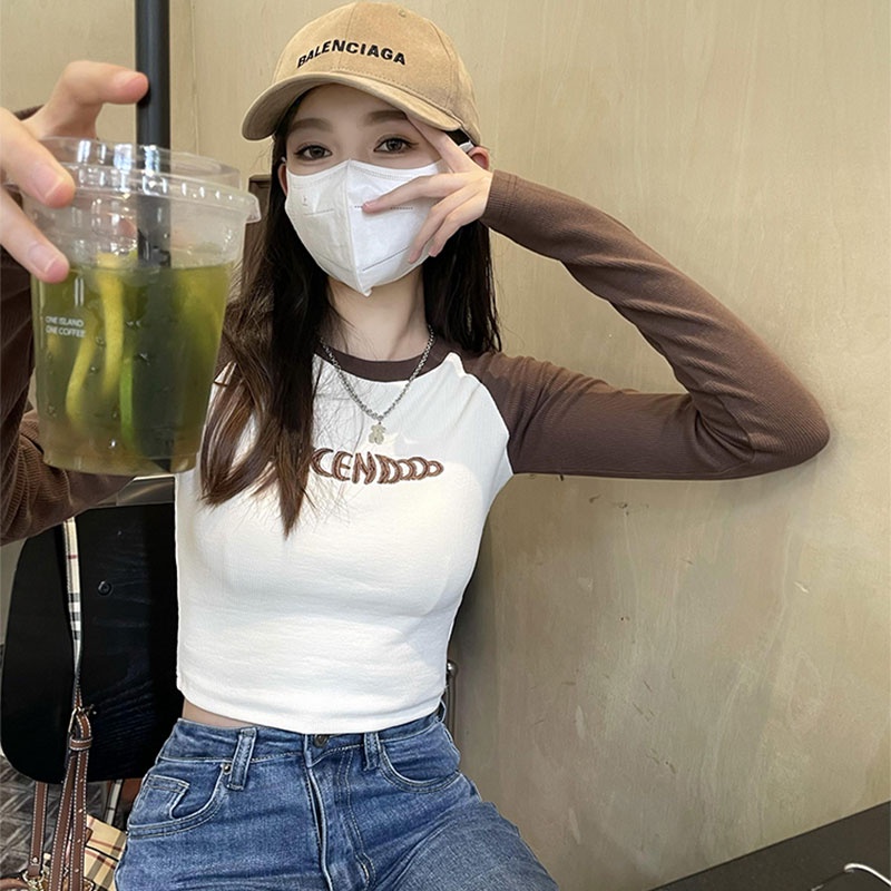 Áo Thun Dài Tay Ôm Dáng Màu Sắc Tương Phản Thời Trang Dành Cho Nữ