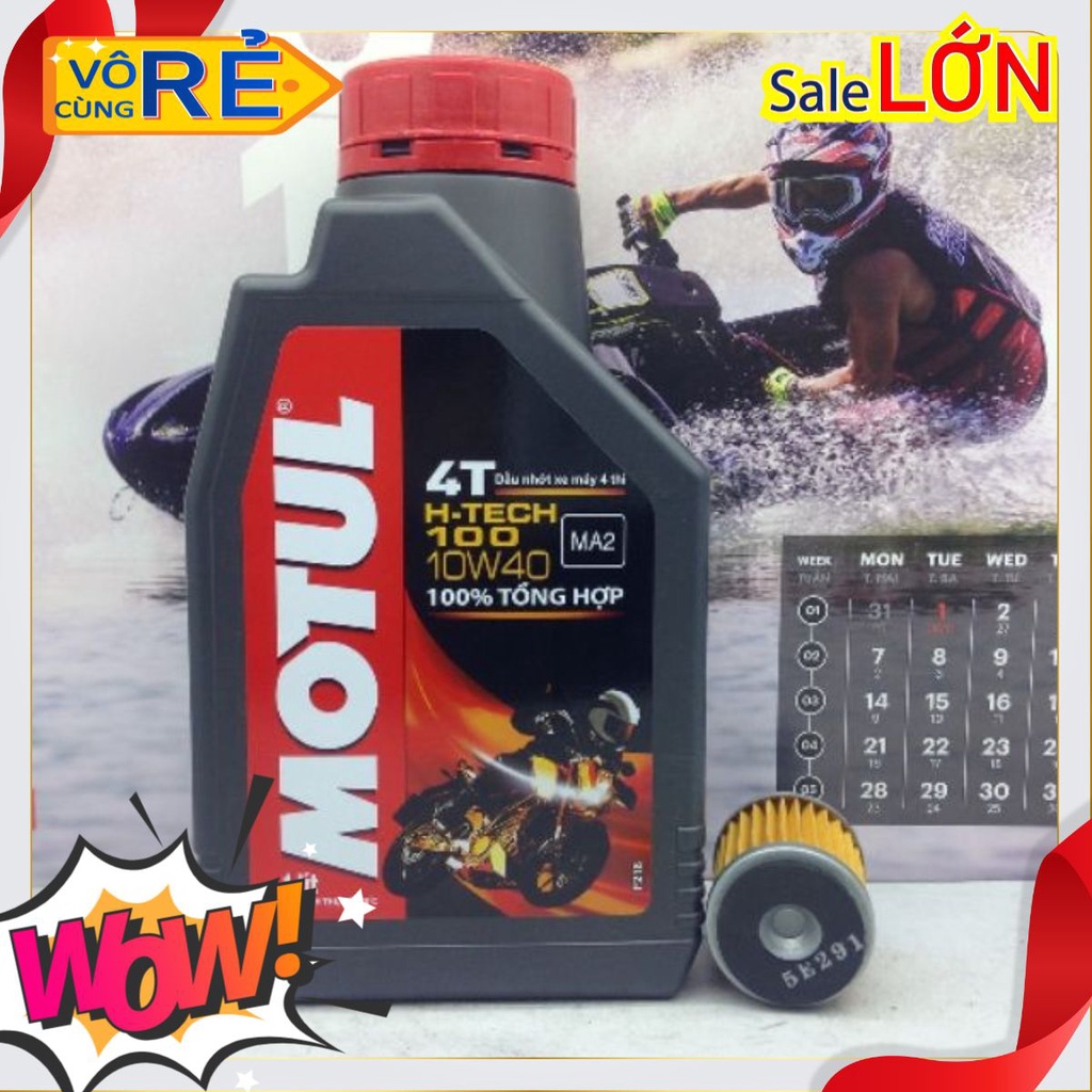 Nhớt 1L Motul H-tech MA2 (kèm lọc Ya) tổng hợp 100% cho xe máy số (Lọc Yamaha, Htech)