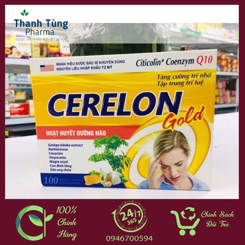 Hoạt Huyết Dưỡng Não Ginkgo Biloba Cerelon Gold Tăng Cường Trí Nhớ, Bổ Não, Tăng Lưu Thông Máu - Hộp 100 viên