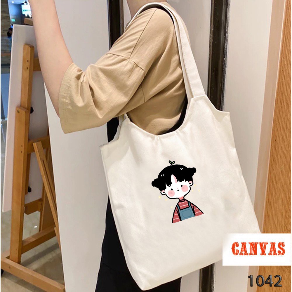 TÚI TOTE TRẮNG CHẤT VẢI CANVAS 1042 CÔ BÉ TÓC BỐI DỄ THƯƠNG HÀNG CHUẨN ĐẸP