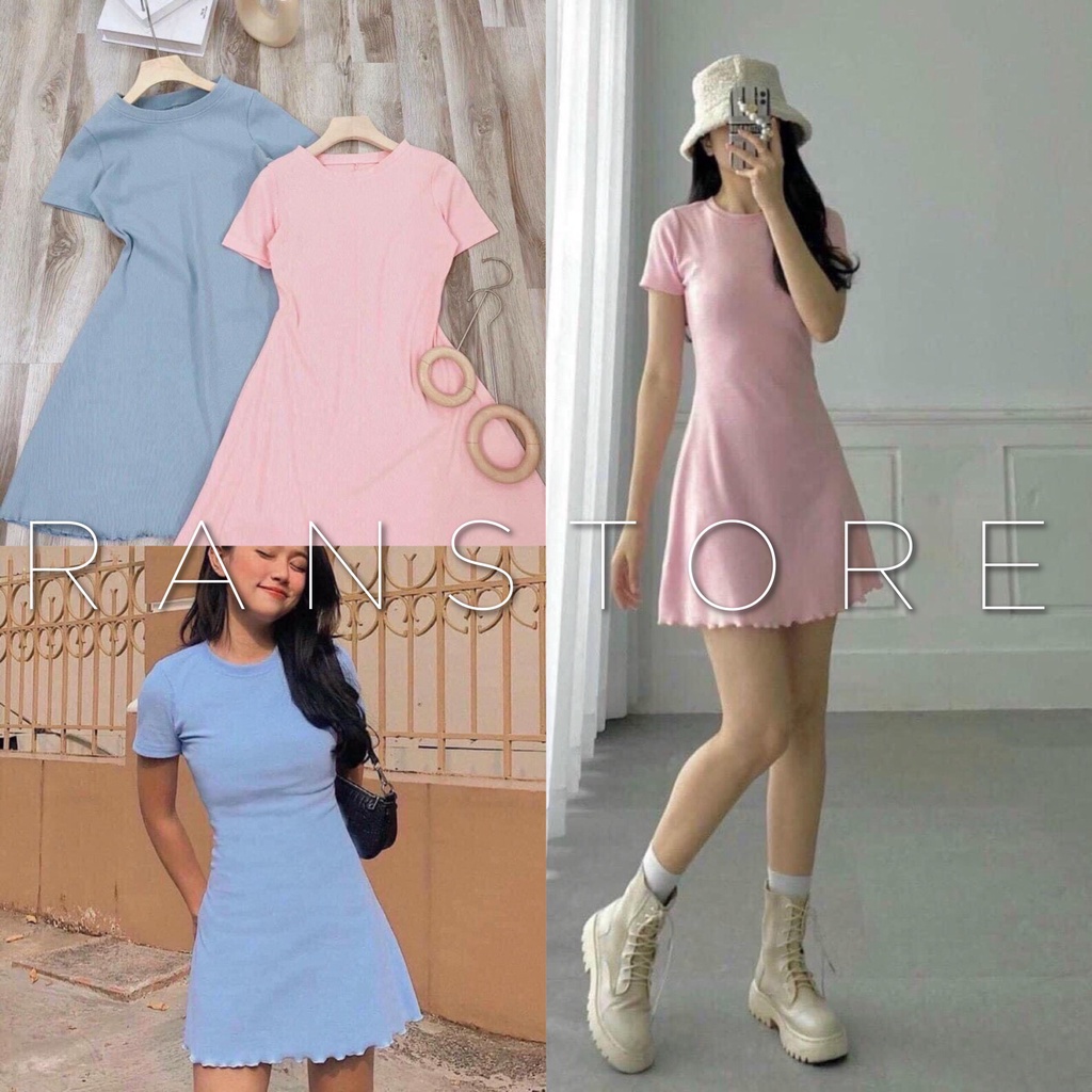 Váy ngắn cổ tròn dáng ôm body thun gân 2 màu mặc tôn dáng/ Váy body nữ cộc tay dáng xòe trẻ trung năng động_ranstore
