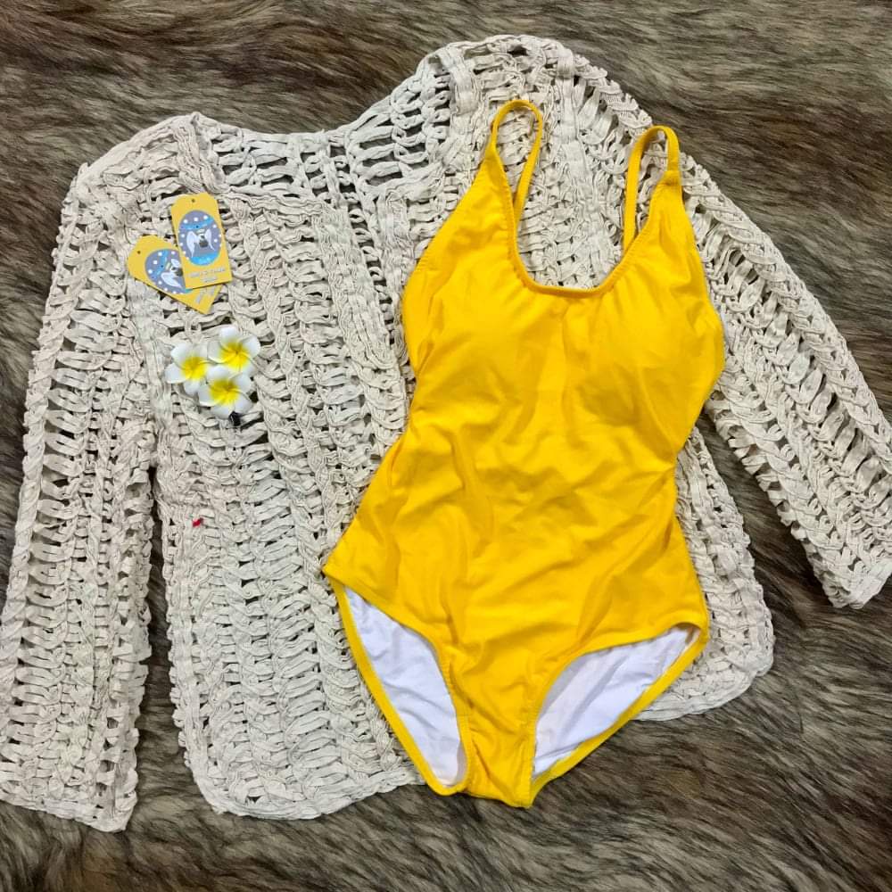 [KÈM ẢNH THẬT] Bikini vàng nghệ 1 mảnh khoe lưng