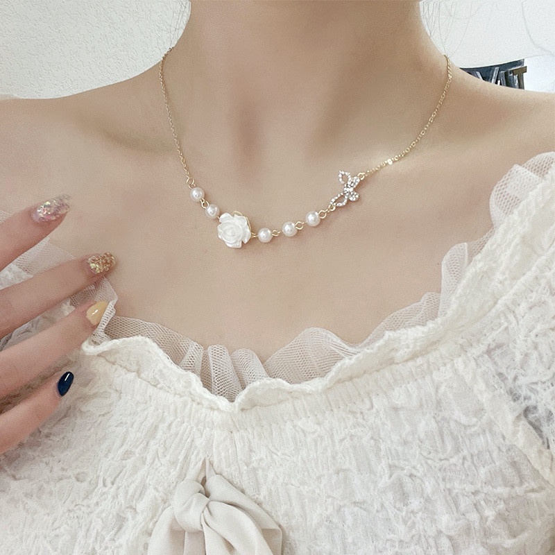 【JIHE】Vòng cổ Mặt Hoa Hồng Đính Ngọc Trai Thời Trang