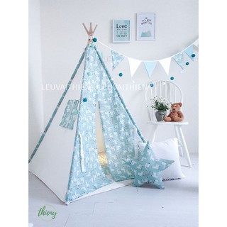 Lều vải cho bé màu xanh ngọc camel canvas cotton 100% cọc gỗ tự nhiên Lều Thiên Ý