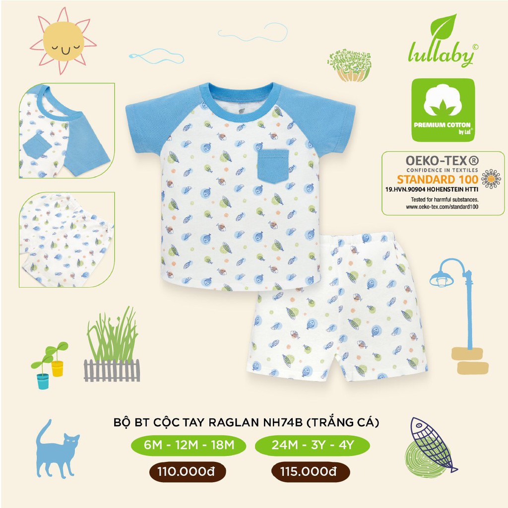 Bộ cộc tay bé trai Lullaby NH74B, bộ quần áo raglan cotton cao cấp