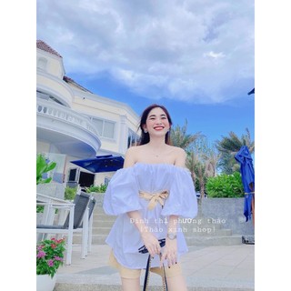 Sale -  (tặng dây thắt) SET ÁO TRỄ VAI TRẮNG BUỘC NƠ MIX QUẦN ĐÙI KAKI BE ULAZZANG MẶC NHIỀU KIỂU