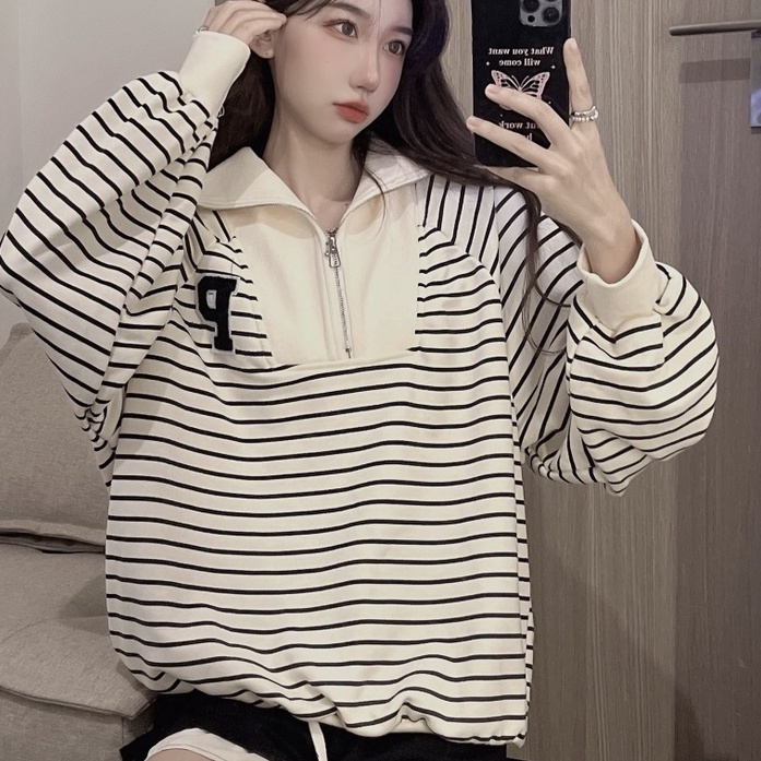 ZHELIHANGFEI Áo Nỉ Tay Dài Cổ POLO Có Khóa Kéo Họa Tiết Kẻ Sọc Thêu Họa Tiết Phong Cách Preppy