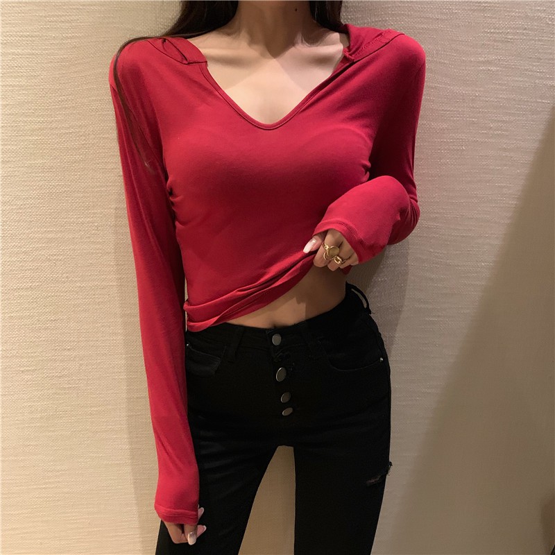 LEEVA - Áo croptop nữ có mũ tay dài vải thun co giãn A058