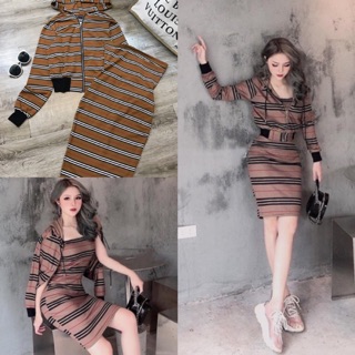 Combo : Đầm body ống + áo khoác nón sọc cao cấp