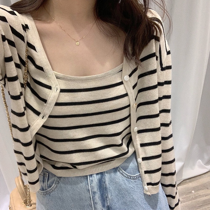 Set áo cardigan và áo hai dây ZHELIHANGFEI dệt kim kẻ sọc phong cách retro