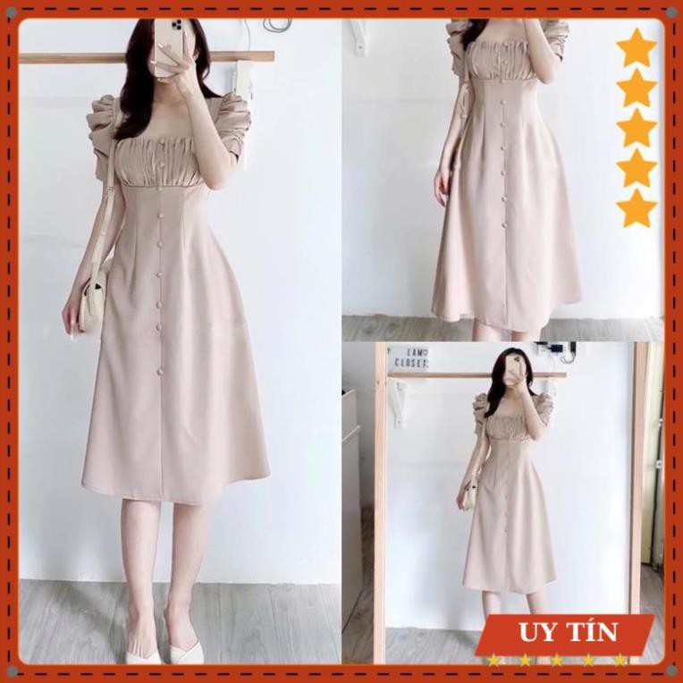 Đầm tay bồng xếp li ngực nút bọc Eva_home_fashion | BigBuy360 - bigbuy360.vn