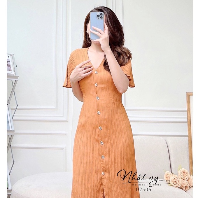 Đầm dự tiệc Nhật Vy cổ tim tay cánh tiên cài cúc eo bo thun chất tơ vân phù hợp đi chơi, cafe sang chảnh  - D2505