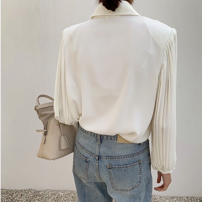 [ORDER] Áo Sơ Mi Dáng Rộng Dài Tay Xếp Ly Phối Ren Phong Cách Hàn Quốc ICC Official Store AO044