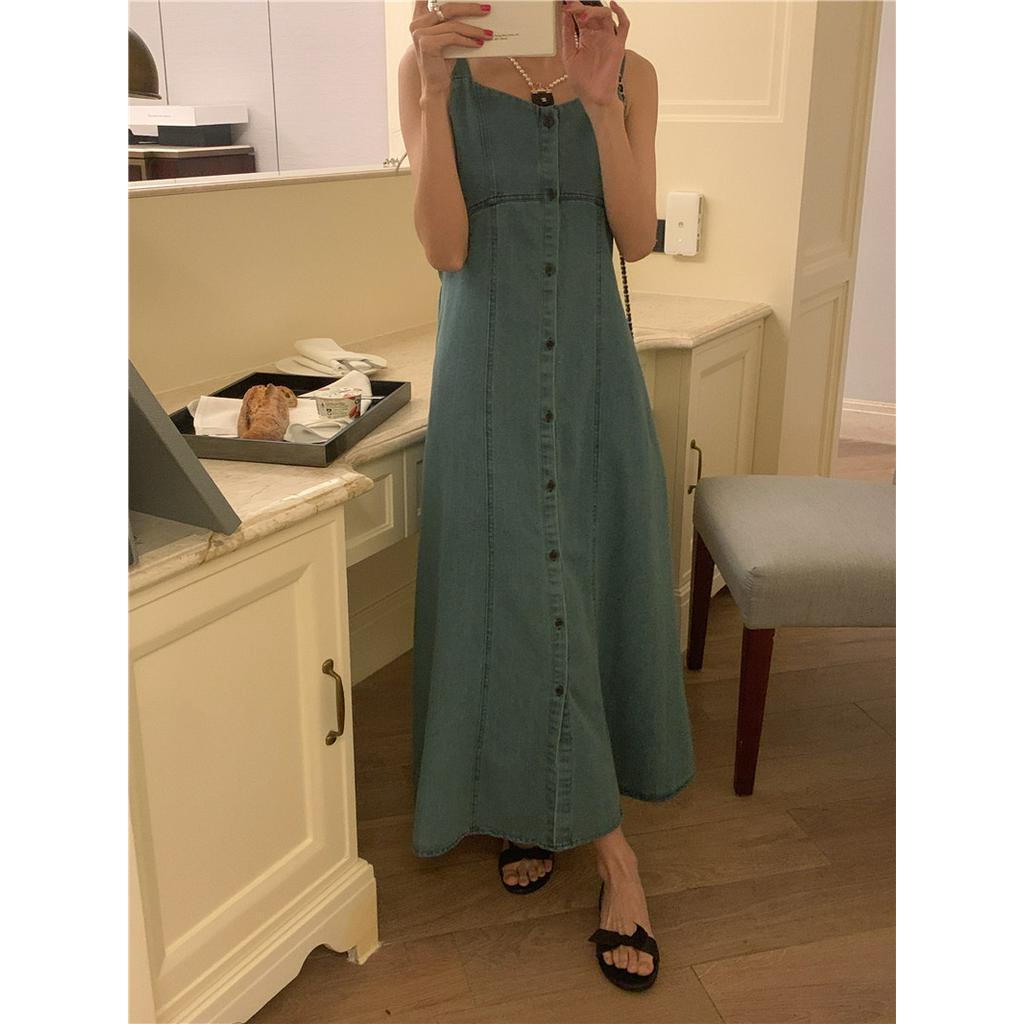 Đầm Denim Hai Dây Cổ Chữ V Dáng Ôm Phong Cách Thời Trang Pháp 64112