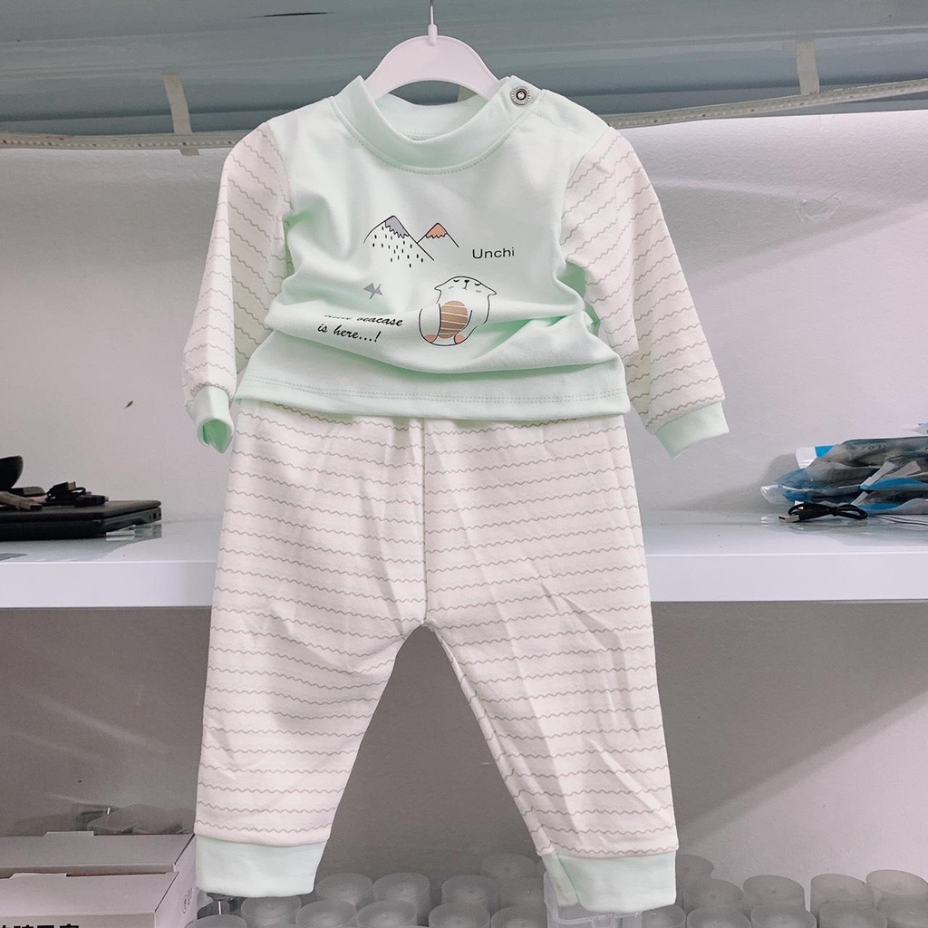 Bộ quần áo dài tay chui cổ cúc cài vai cotton nỉ mềm mùa đông Unchi co giãn 4 chiều 5-14kg