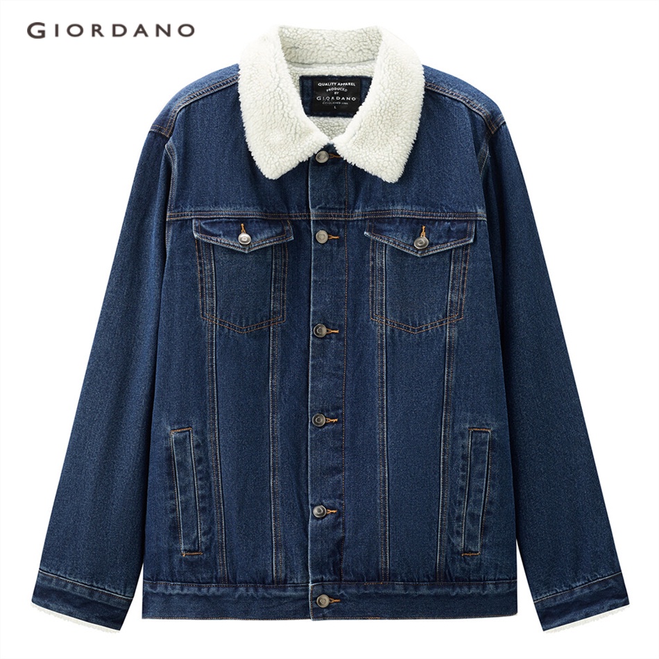 Áo khoác denim GIORDANO 13072885 cổ bẻ vải lông cừu Berber cho nam