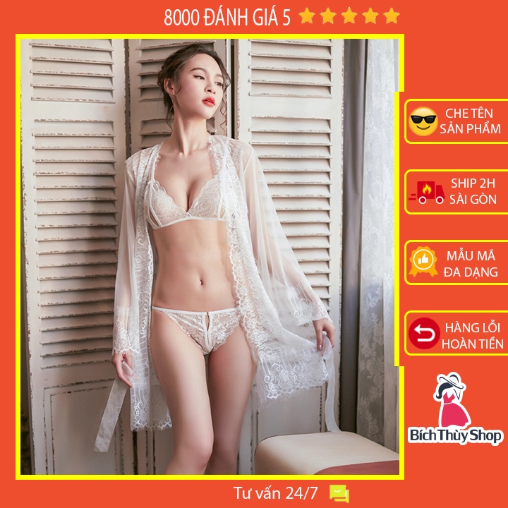 Set ngủ ren sexy áo choàng ngủ ren xuyên thấu kèm chip lọt khe và áo ngực ren Màu Trắng