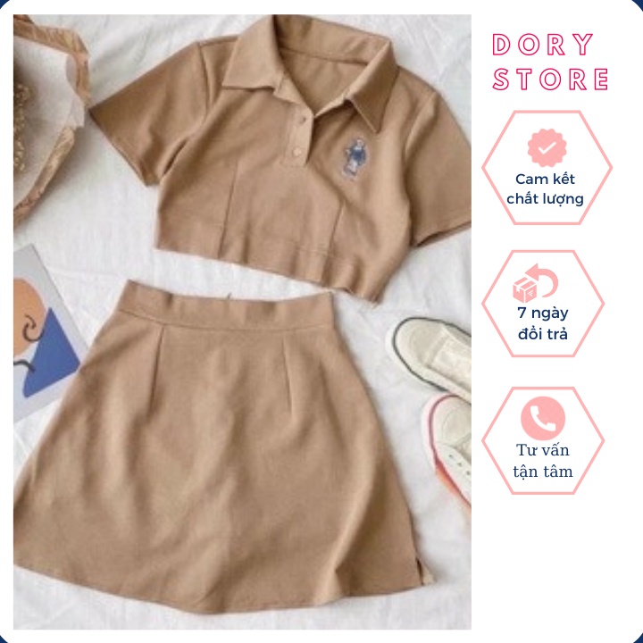 Set áo thun cổ bẻ kèm váy có quần trong