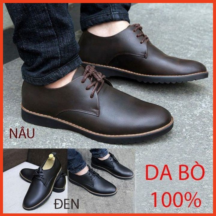 Giày Da Nam Sneaker Cột Dây Da Thật Khâu Viền