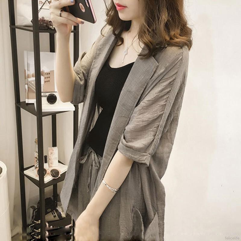 Set quần đùi và áo khoác bằng cotton lanh phong cách quyến rũ cho nữ