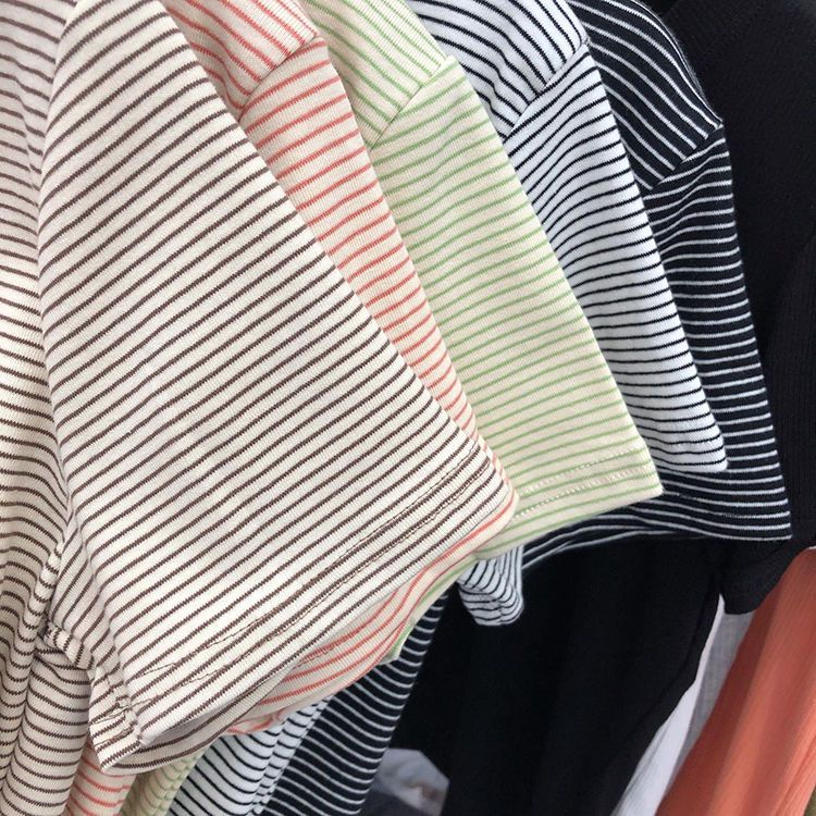 Áo Thun Cotton Ngắn Tay Họa Tiết Kẻ Sọc Màu Sắc Thời Trang Mùa Hè Hàn Quốc 2022 Cho Nữ