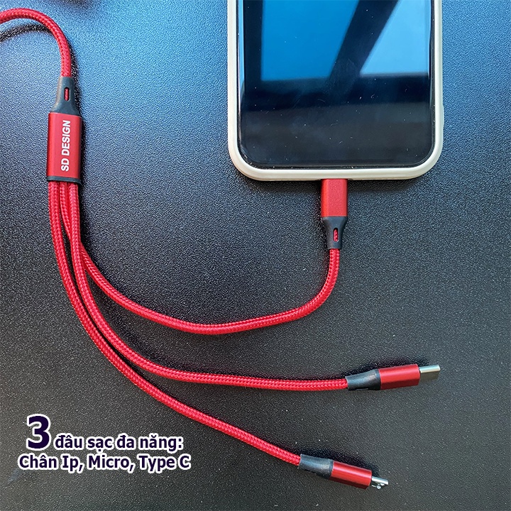 Dây cáp sạc 3 đầu đa năng bọc dù chính hãng SD-Design bảo hành 6 tháng cho IP, Samsung, Huawei, Xiaomi, Oppo - MarioCase