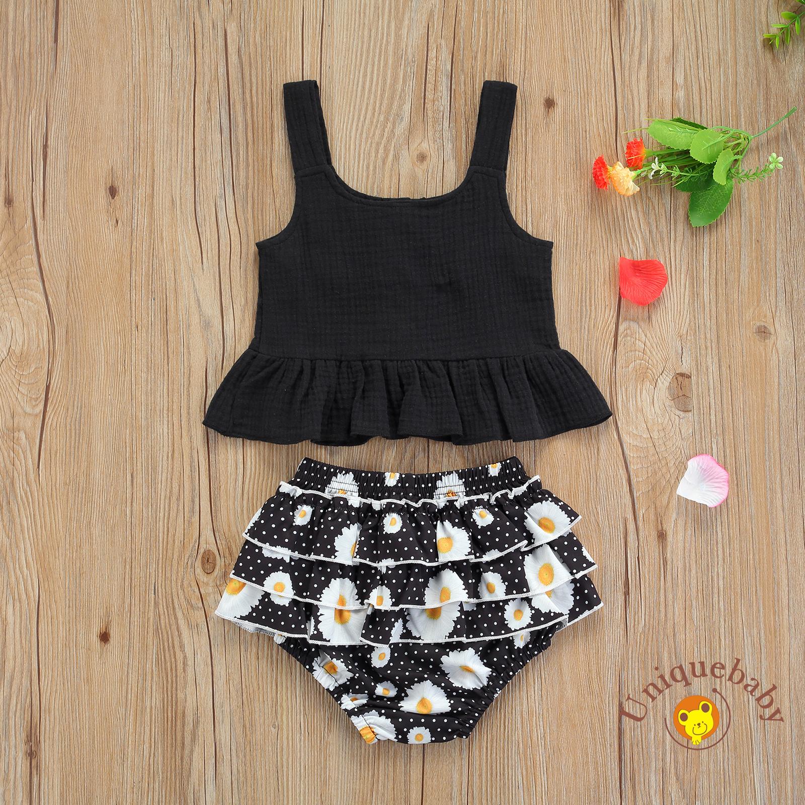 Set Đồ Mùa Hè 2 Món Áo Tank Top Cài Nút Màu Trơn + Quần Dài Nhiều Lớp Đính Hoa Cho Bé Gái 6 Tháng Đến 4 Tuổi